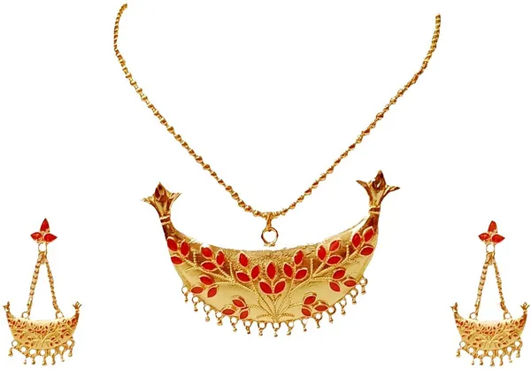 Assamese_Traditional_Gold_Plated_Red_Colour_Joonbiri_Chain_Jewellery_Set_For_Women